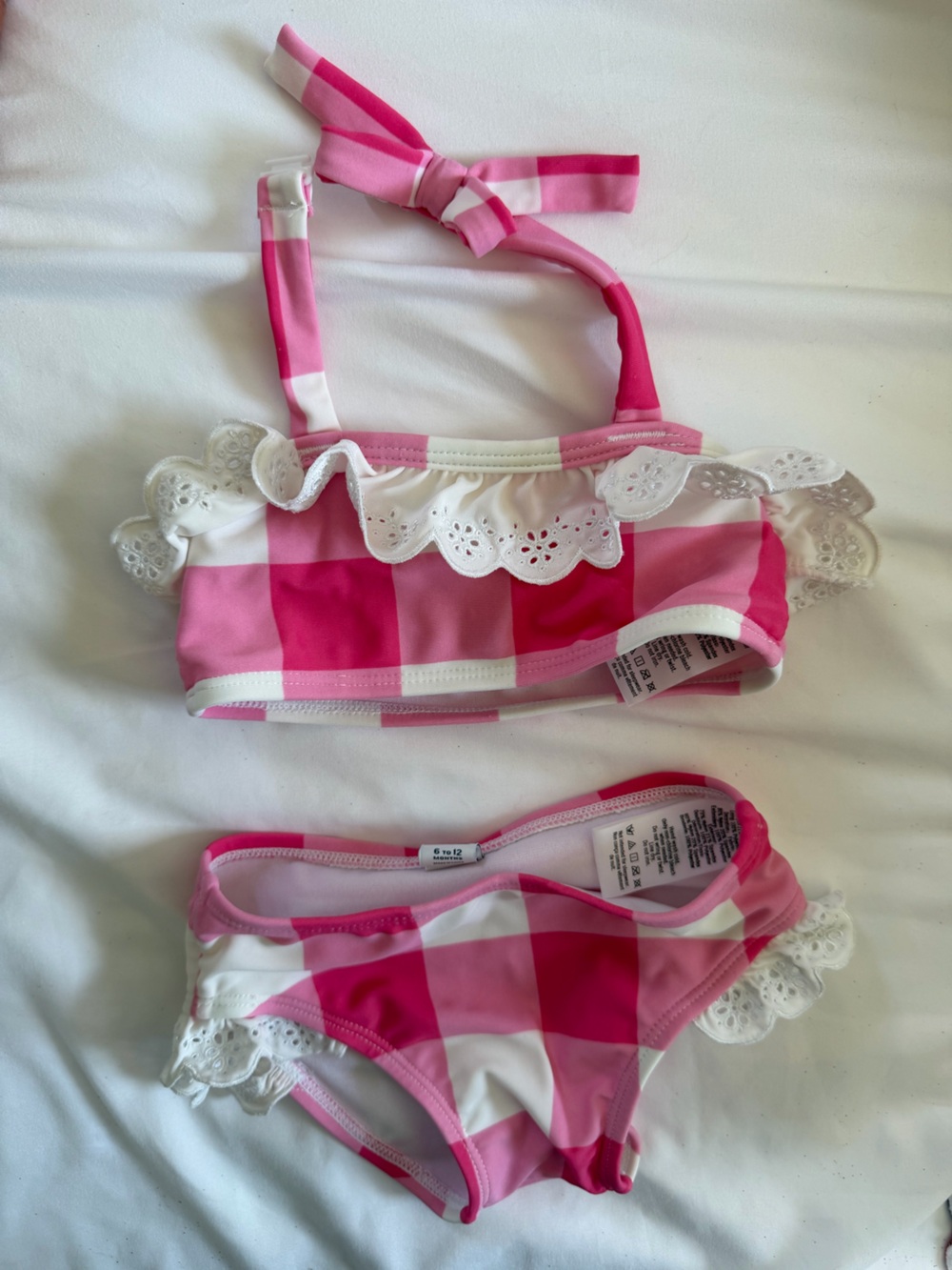 Janie and Jack Pink Gingham Bikini Top with White Eyelet Ruffle baby girl 6-12m